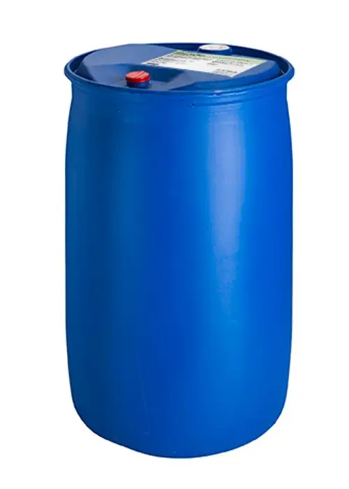 Blaues Fass mit zwei Verschlüssen. Die Kennzeichnung auf dem Deckel weist auf eine Chemikalie hin, die von der Marke Grünbeck stammt.